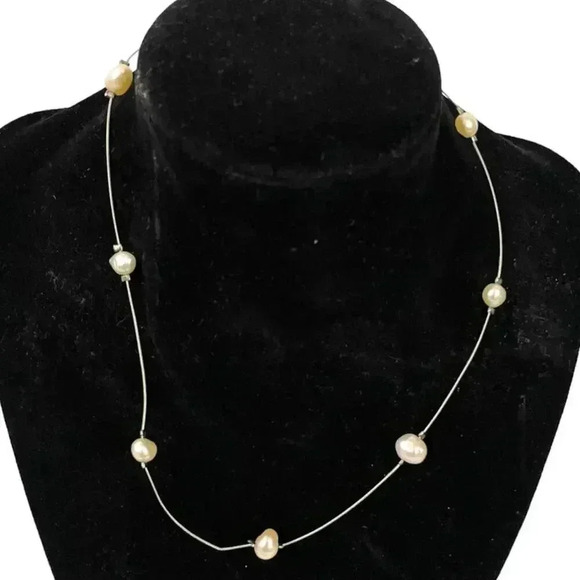 Baroque Pearl Wire Floating Necklace Silver .925 15" Choker - Picture 2 of 8